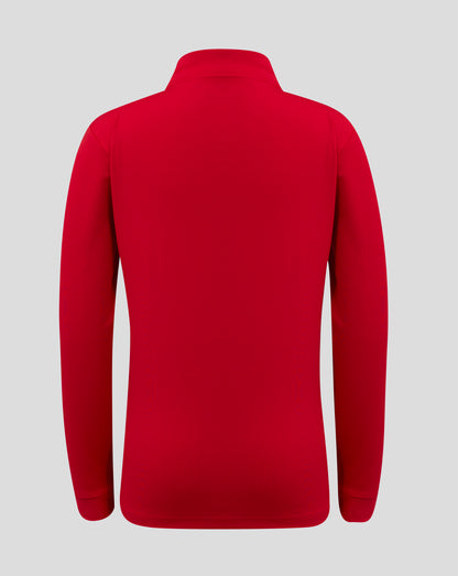 Back view of true red Junior 1/4 Zip with clean seams and high collar