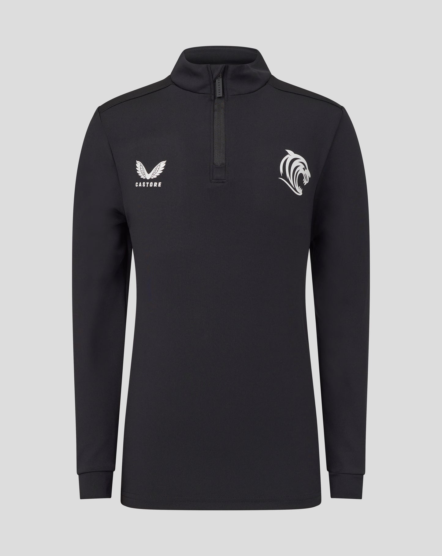 Front view of Leicester Tigers junior training midlayer in black with a zip collar and white Castore wing logo on the left chest and a tiger emblem on the right