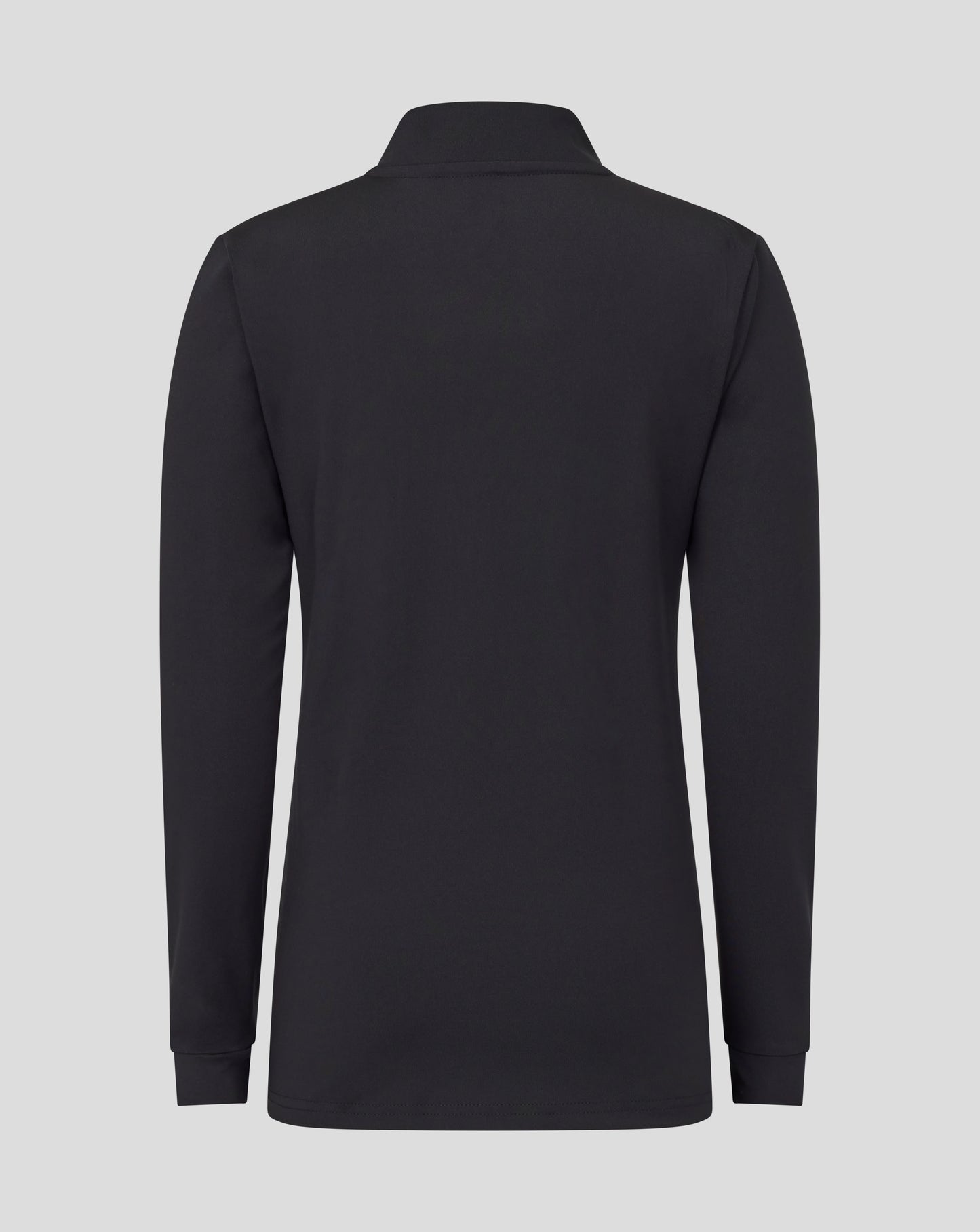 Back view of black Leicester Tigers junior training midlayer with high collar