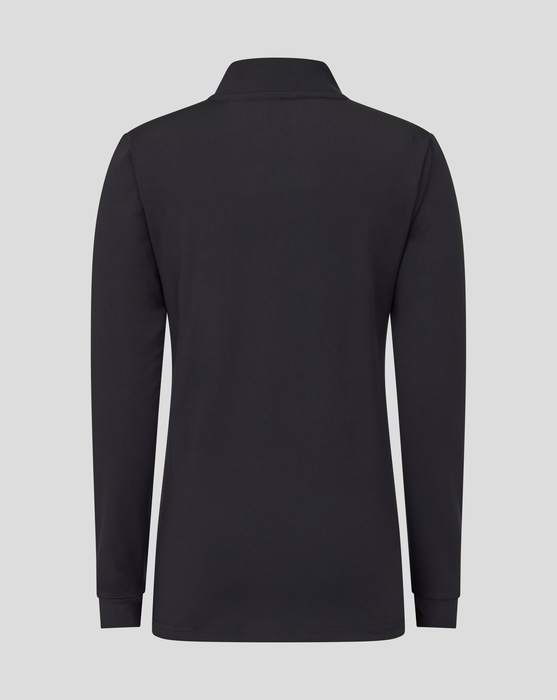 Back view of black Leicester Tigers junior training midlayer with high collar