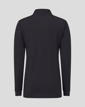 Back view of black Leicester Tigers junior training midlayer with high collar