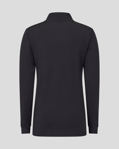 Back view of black Leicester Tigers junior training midlayer with high collar
