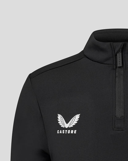 Chest close up of the black Leicester Tigers training midlayer showing Castore wing logo on the left and tiger emblem on the right