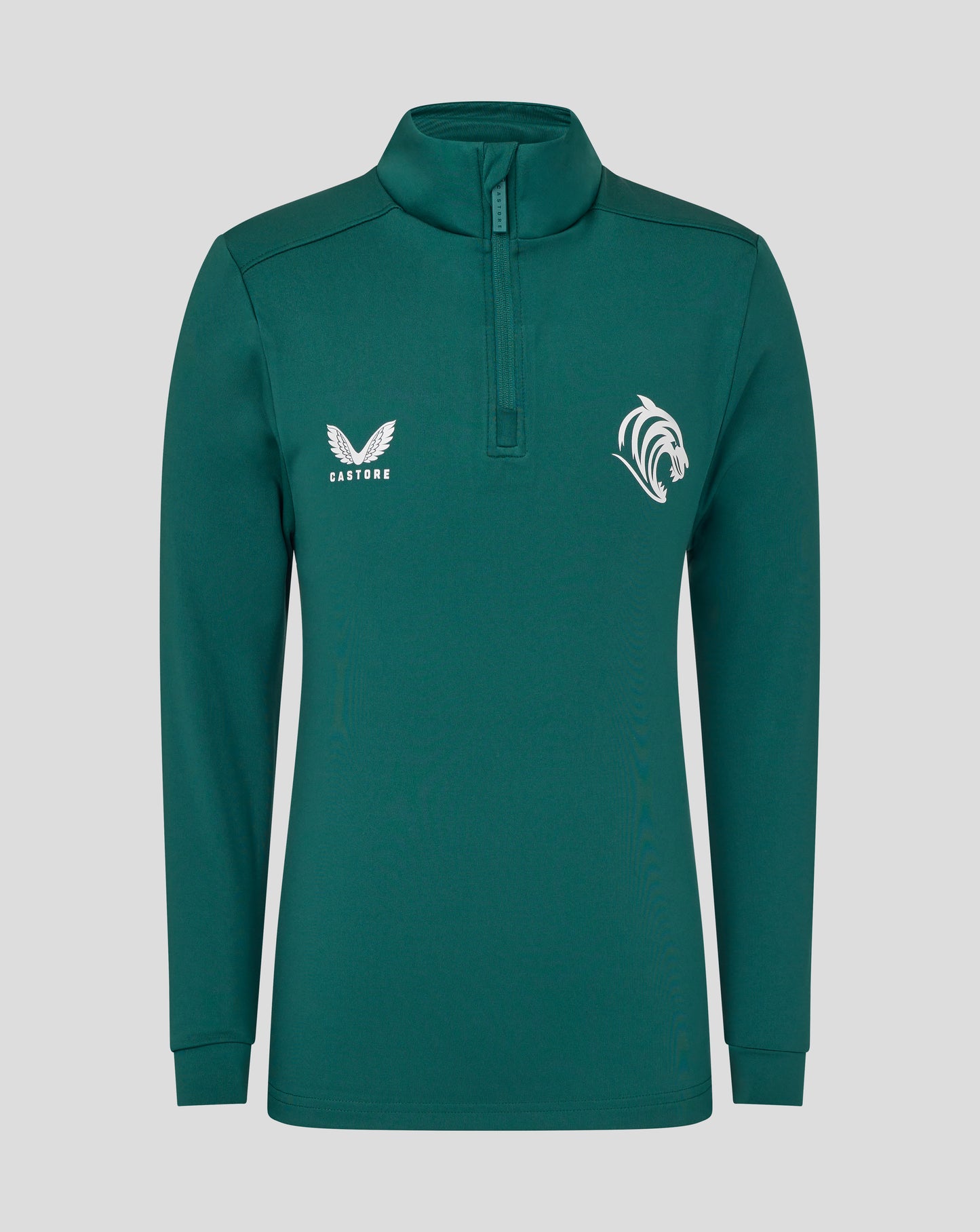 Front view of junior training midlayer in botanical teal with Castore logo and tiger crest on chest