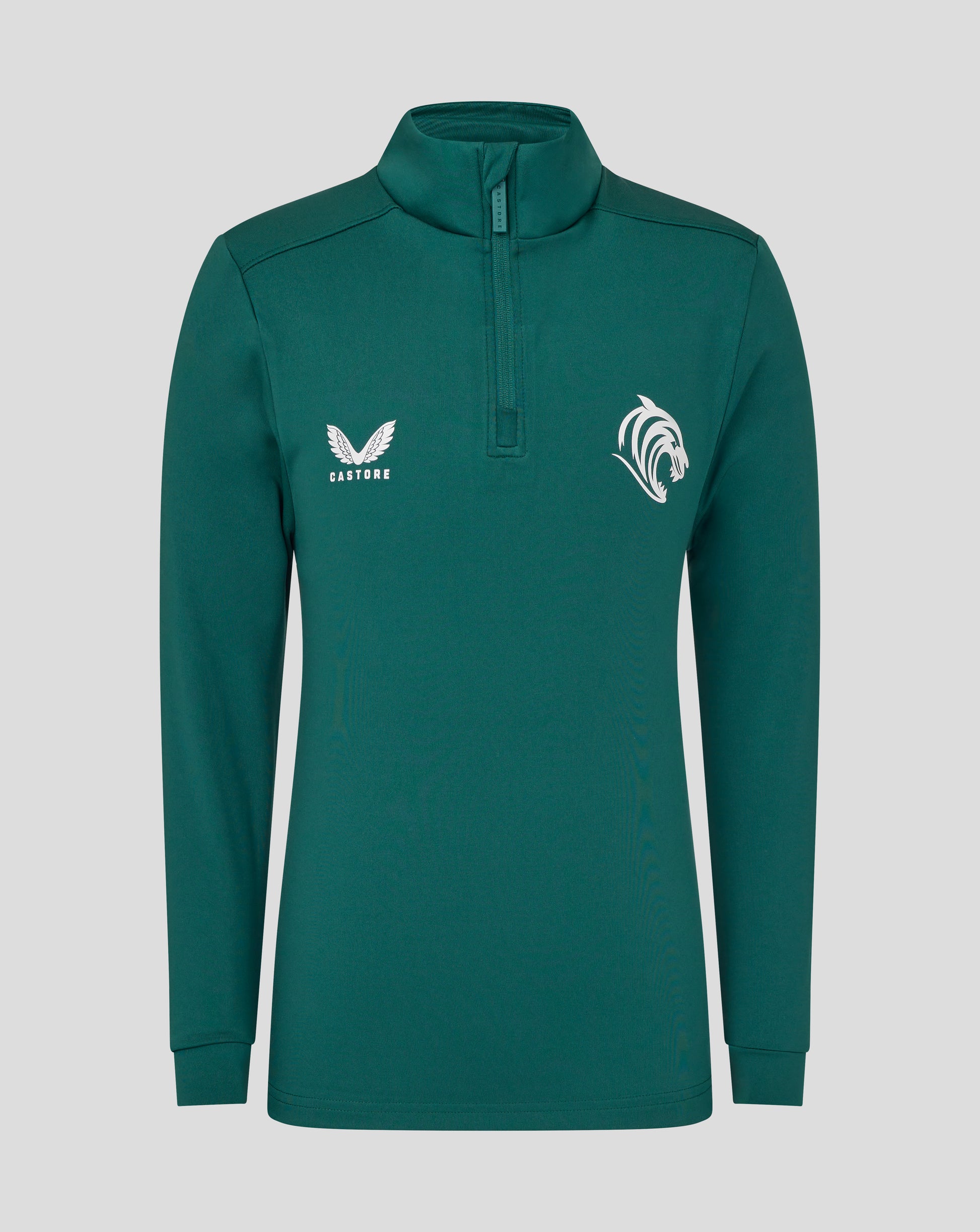 Front view of junior training midlayer in botanical teal with Castore logo and tiger crest on chest