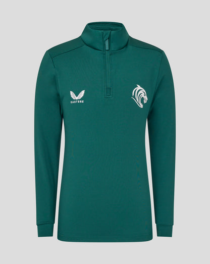 Front view of junior training midlayer in botanical teal with Castore logo and tiger crest on chest