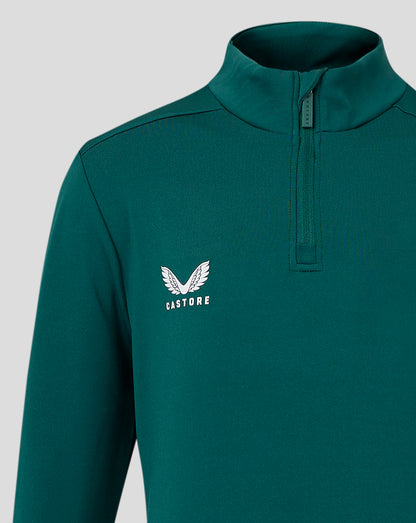 Front view of teal Junior 1/4 Zip with collar zip and Castore logo on chest
