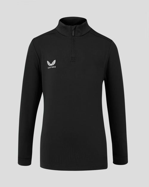 Front view of Junior 1/4 Zip in Caviar with funnel neck chin guard at the zip and forward shoulder seam