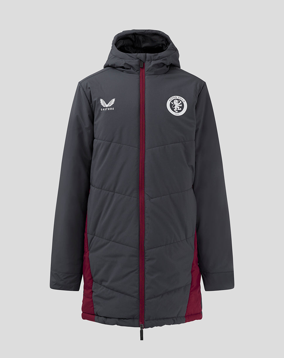 Junior Aston Villa coaches long bench jacket in Ebony Rhododendron with hood and burgundy zip.