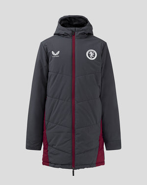 Junior Aston Villa coaches long bench jacket in Ebony Rhododendron with hood and burgundy zip.