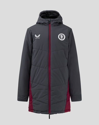 Junior Aston Villa coaches long bench jacket in Ebony Rhododendron with hood and burgundy zip.