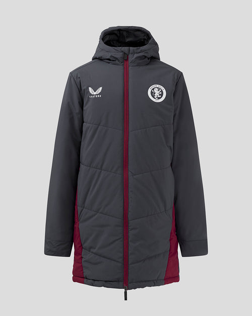Junior Aston Villa coaches long bench jacket in Ebony Rhododendron with hood and burgundy zip.