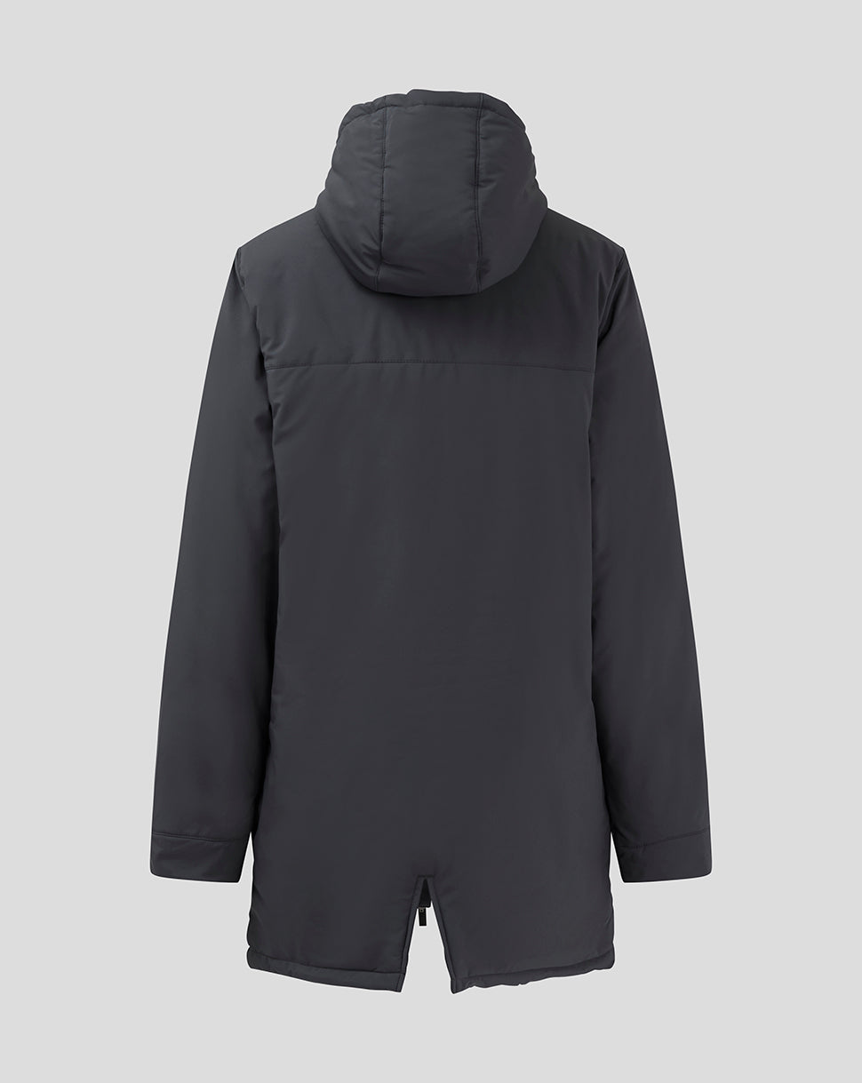 Back view of a junior coaches long bench jacket in dark gray with hood