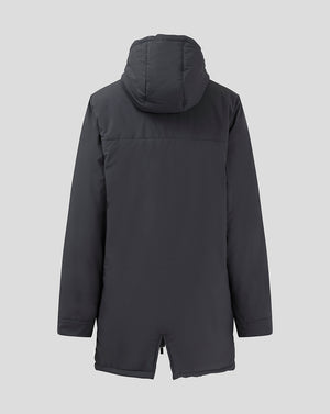 Back view of a junior coaches long bench jacket in dark gray with hood