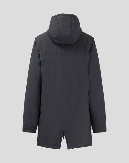 Back view of a junior coaches long bench jacket in dark gray with hood