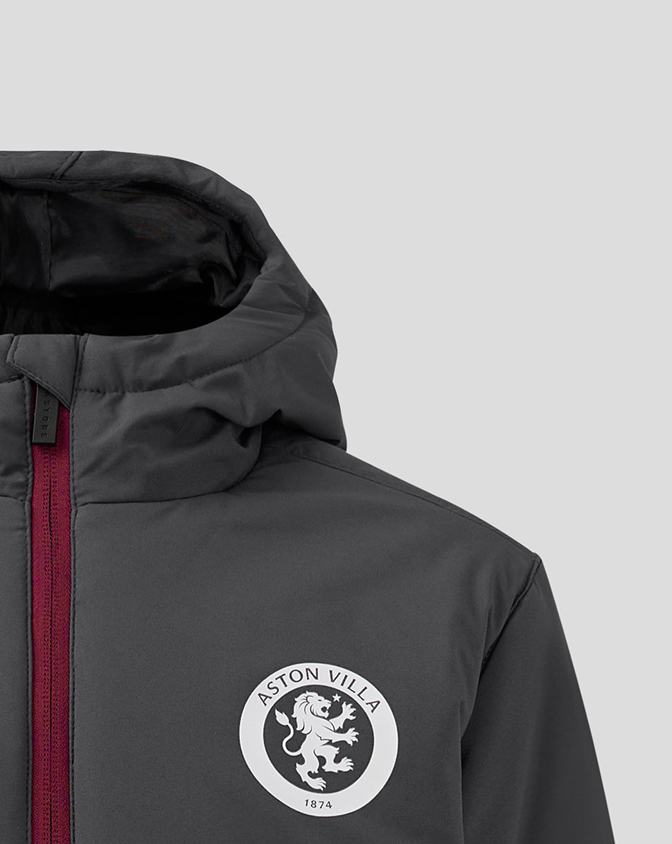 Front view of the dark gray junior Aston Villa coaches jacket with burgundy zipper and team crest on the chest