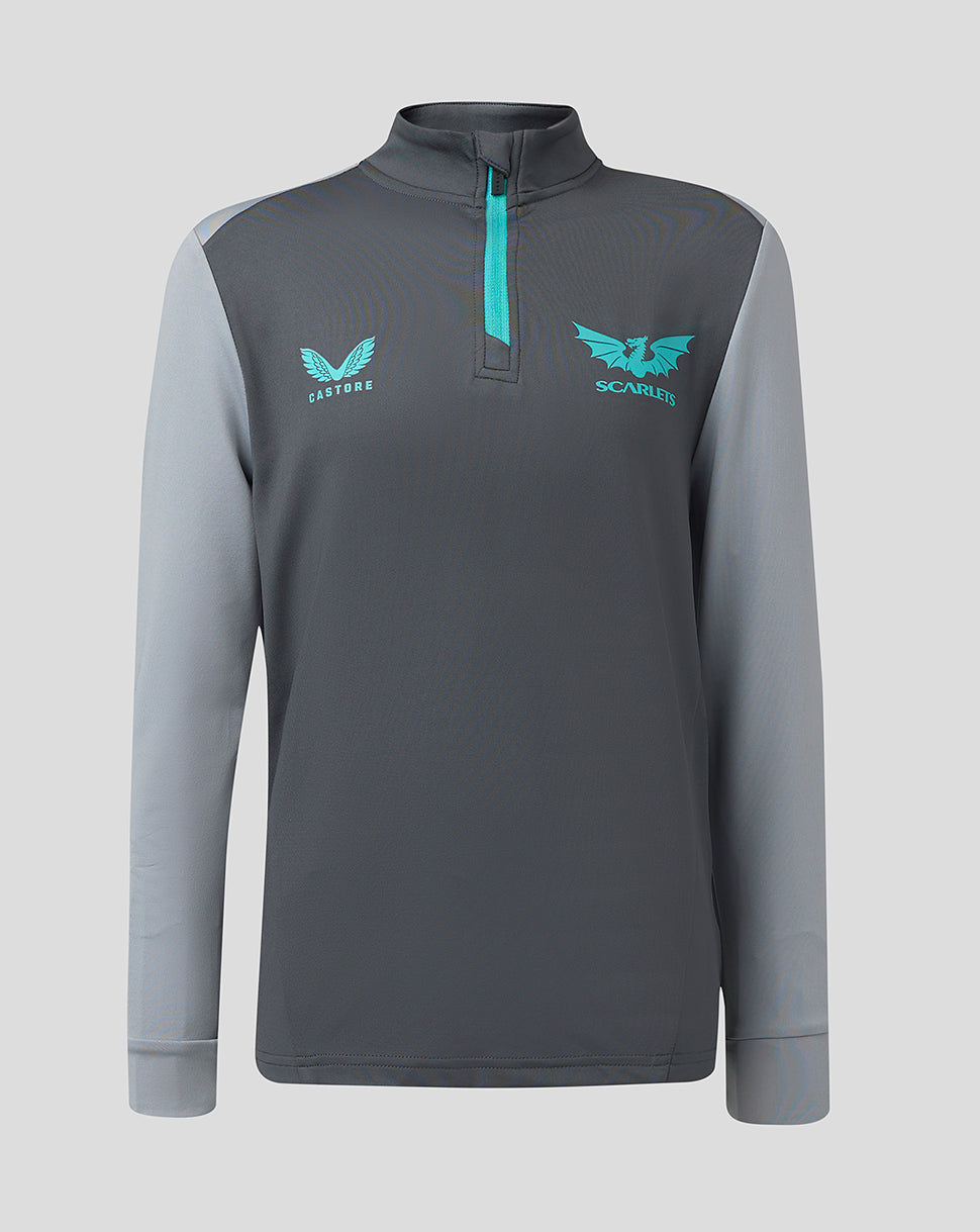 Front view of Scarlets Junior 23/24 quarter zip midlayer in dark gray with turquoise zipper and chest logos