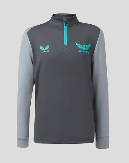 Front view of Scarlets Junior 23/24 quarter zip midlayer in dark gray with turquoise zipper and chest logos