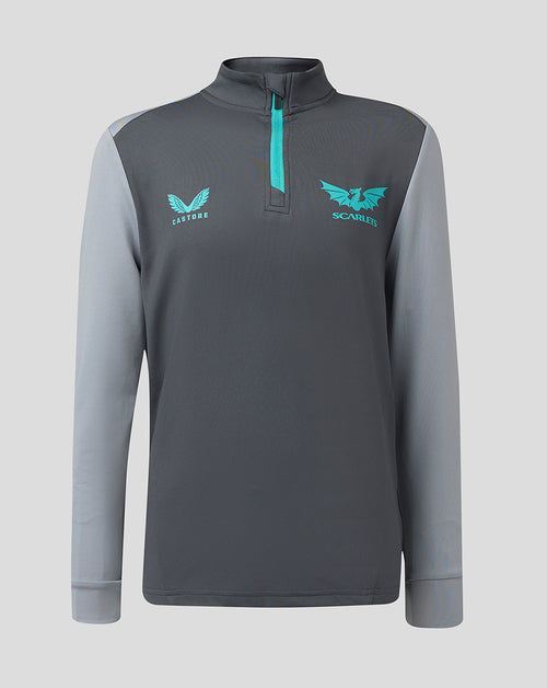 Front view of Scarlets Junior 23/24 quarter zip midlayer in dark gray with turquoise zipper and chest logos