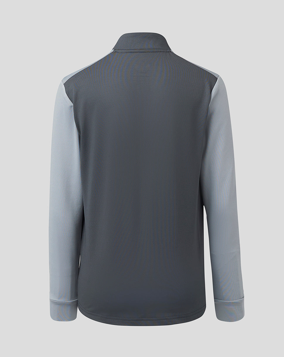 Back view of Scarlets Junior 23/24 quarter zip midlayer with dark gray body and light gray sleeves