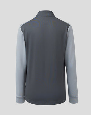 Back view of Scarlets Junior 23/24 quarter zip midlayer with dark gray body and light gray sleeves