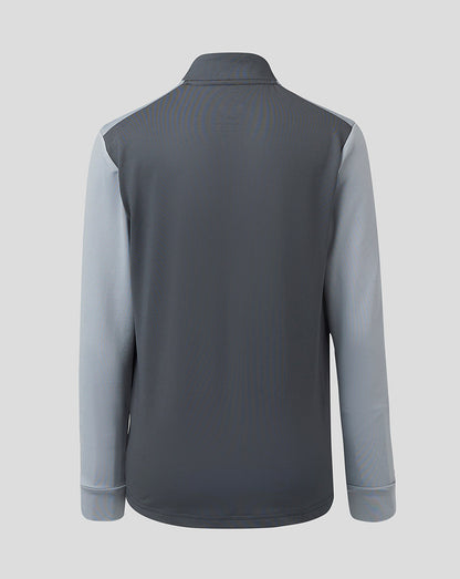 Back view of Scarlets Junior 23/24 quarter zip midlayer with dark gray body and light gray sleeves