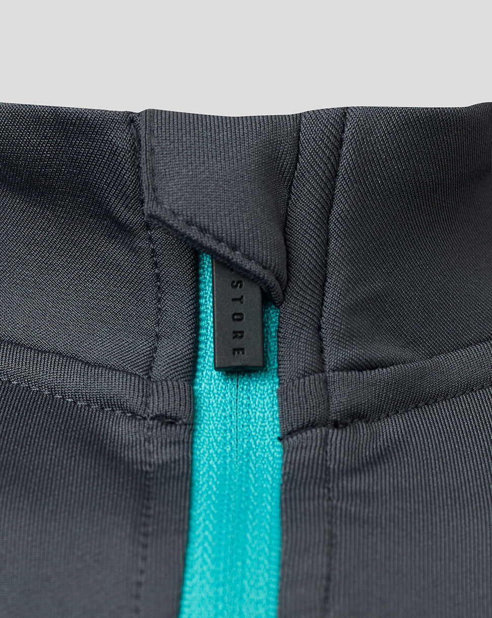 Close-up of teal zipper and collar detail on Scarlets Junior 23/24 midlayer