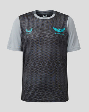 Front view of Scarlets Junior 23/24 short sleeve training T shirt with turquoise crest on left chest and Castore branding on right chest