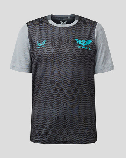 Front view of Scarlets Junior 23/24 short sleeve training T shirt with turquoise crest on left chest and Castore branding on right chest