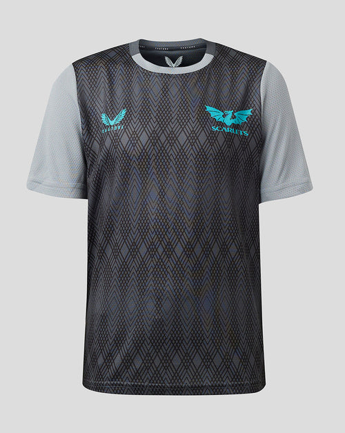 Front view of Scarlets Junior 23/24 short sleeve training T shirt with turquoise crest on left chest and Castore branding on right chest