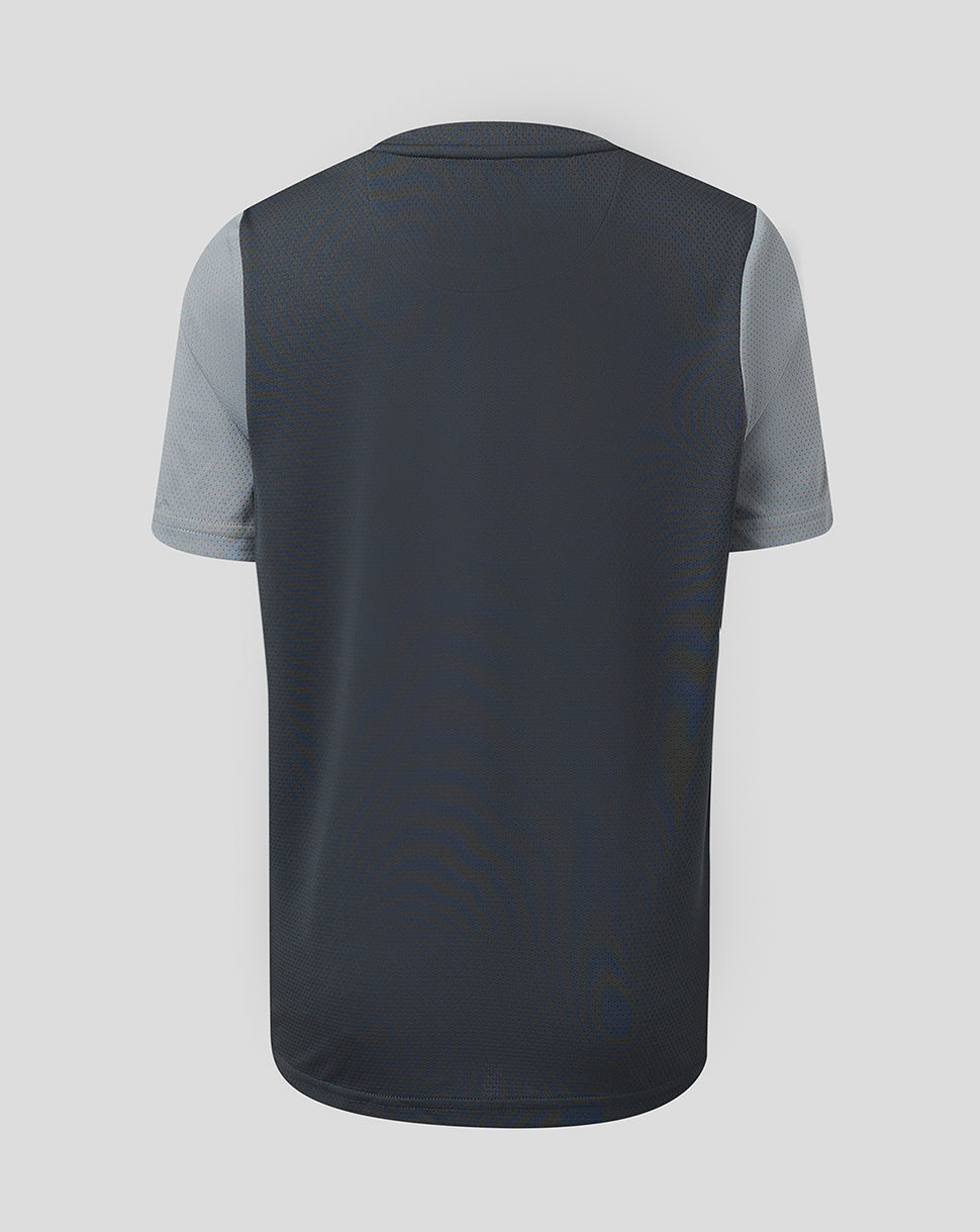 Back view of Scarlets Junior 23/24 training T shirt in dark body with light grey sleeves and subtle pattern