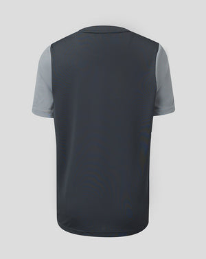 Back view of Scarlets Junior 23/24 training T shirt in dark body with light grey sleeves and subtle pattern