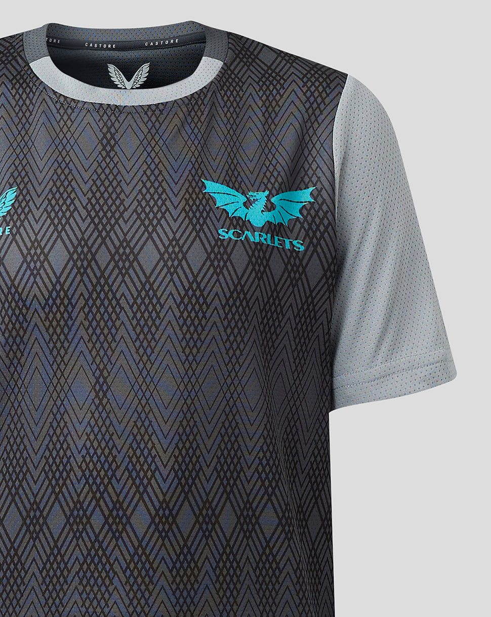 Youth Scarlets training T shirt with dark geometric front and turquoise Scarlets crest on chest