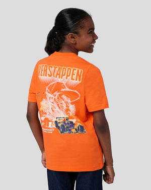 Back view of a child wearing a bright orange Oracle Red Bull Racing junior T shirt with Verstappen graphic and race car artwork.