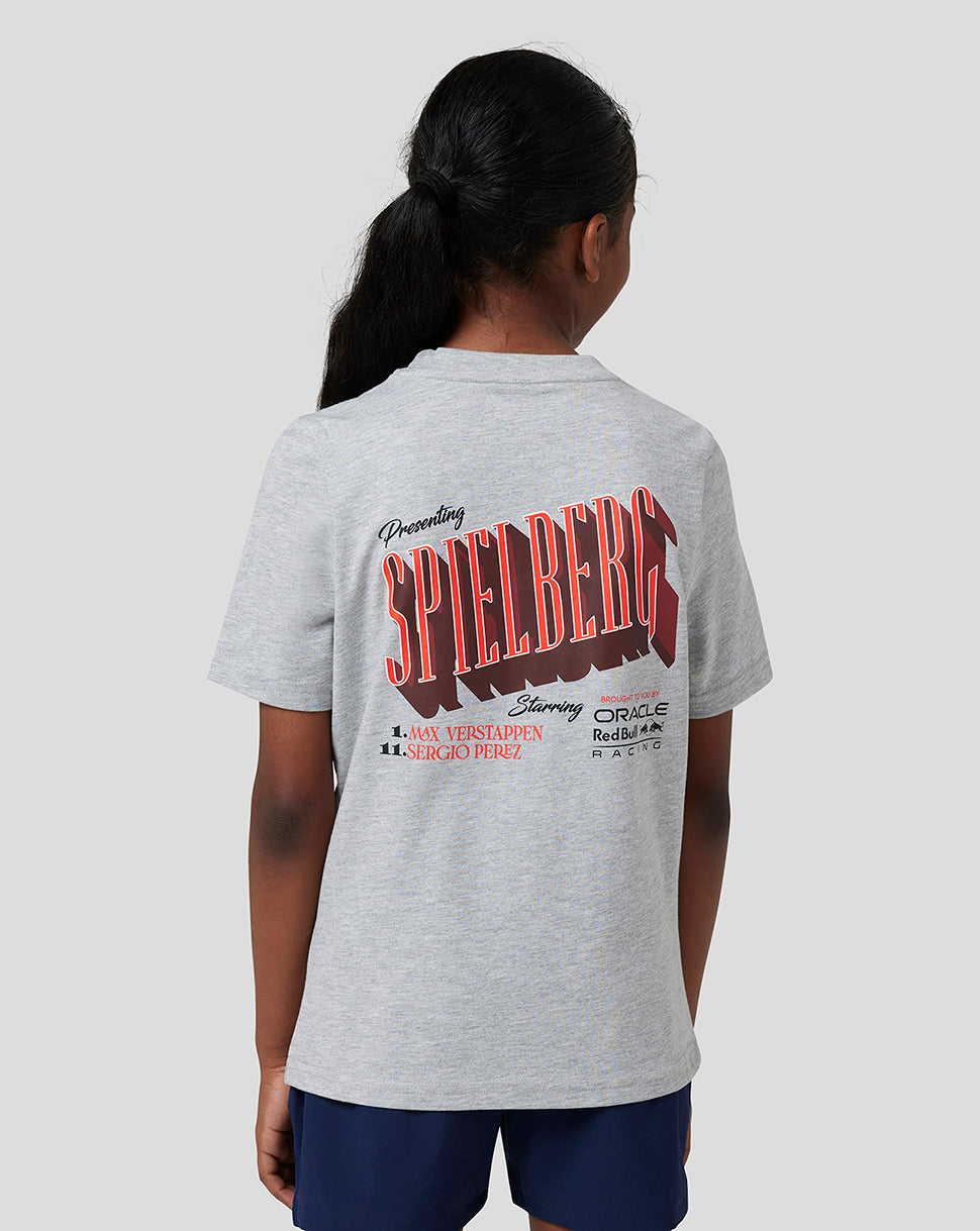 Back view of a grey marl Red Bull Racing Junior Spielberg T Shirt with a large red Spielberg graphic on the back