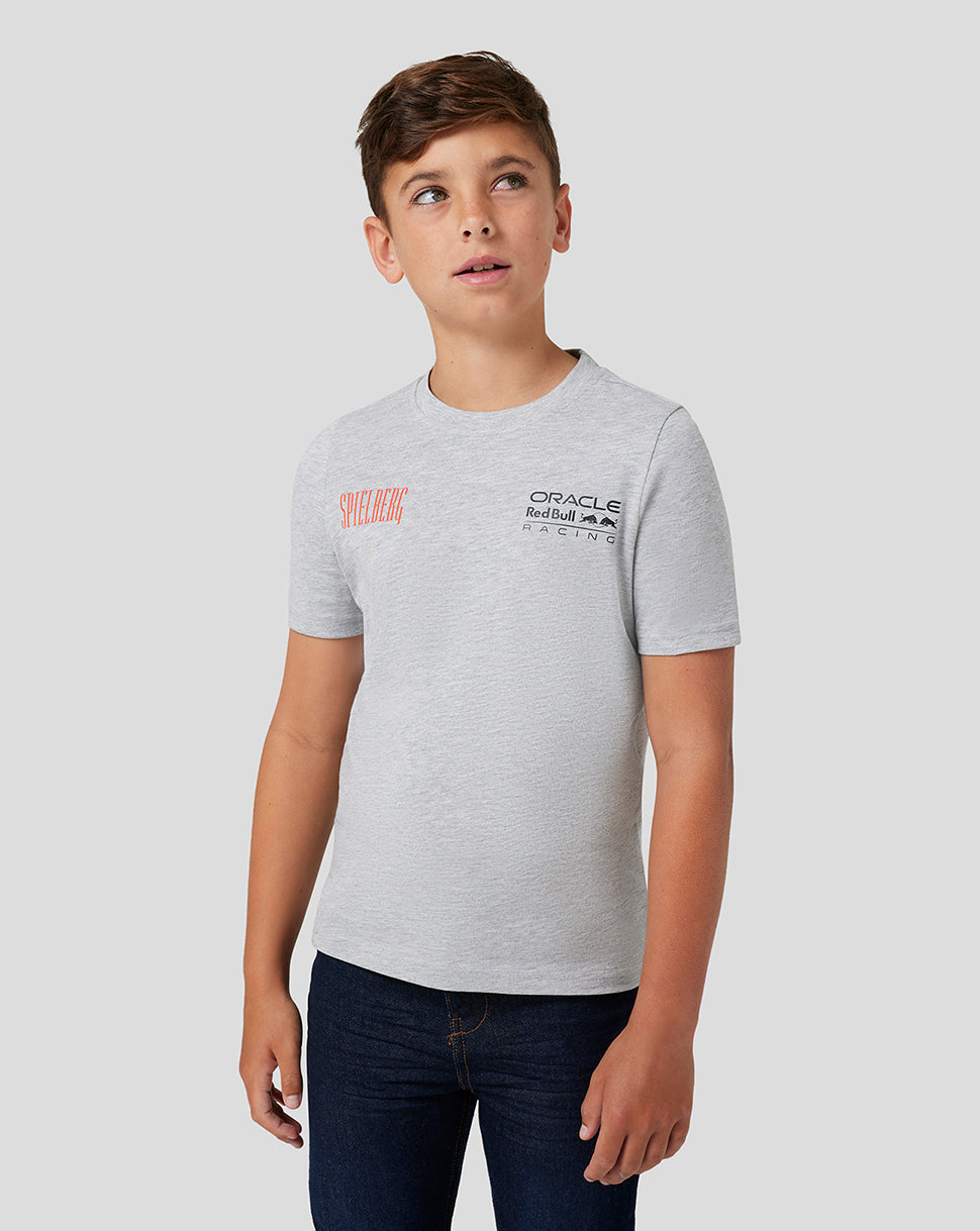 Front view of a boy in a grey marl Red Bull Racing Junior Spielberg T-Shirt with Oracle Racing logo on the chest