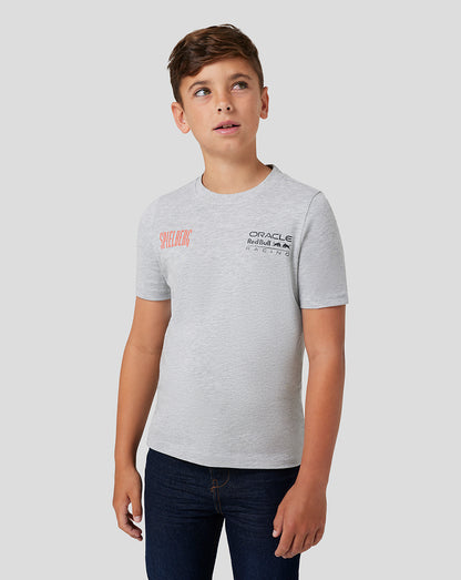 Front view of a boy in a grey marl Red Bull Racing Junior Spielberg T-Shirt with Oracle Racing logo on the chest
