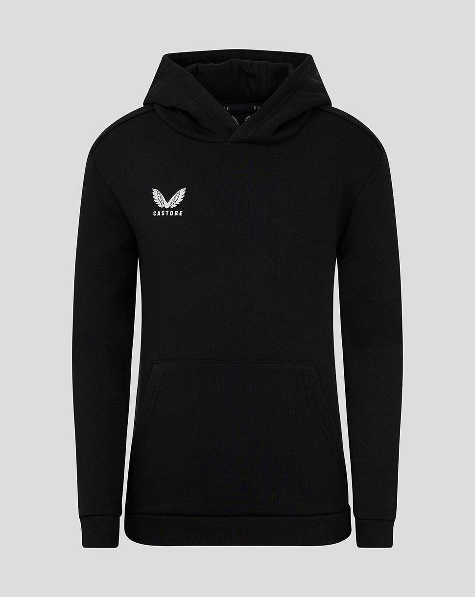 Black junior cotton leisure hoodie with kangaroo pocket and small white Castore logo on the chest.