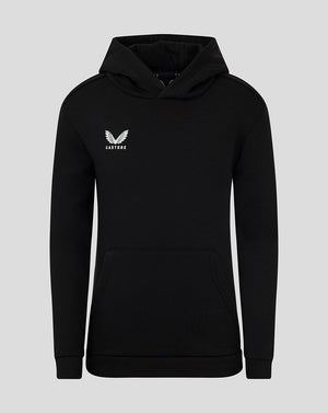 Black junior cotton leisure hoodie with kangaroo pocket and small white Castore logo on the chest.