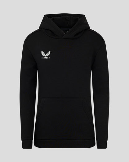 Black junior cotton leisure hoodie with kangaroo pocket and small white Castore logo on the chest.