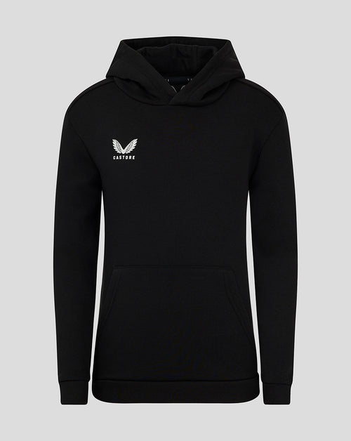 Black junior cotton leisure hoodie with kangaroo pocket and small white Castore logo on the chest.
