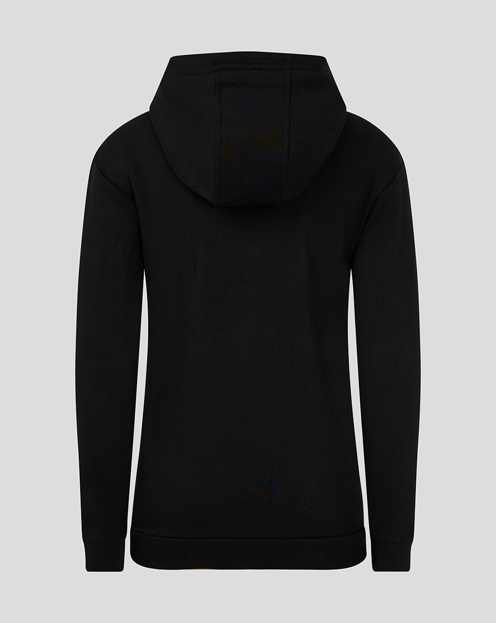 Back view of black junior hoodie showing hood and clean minimalist silhouette.