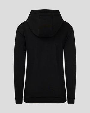 Back view of black junior hoodie showing hood and clean minimalist silhouette.