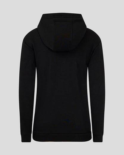 Back view of black junior hoodie showing hood and clean minimalist silhouette.