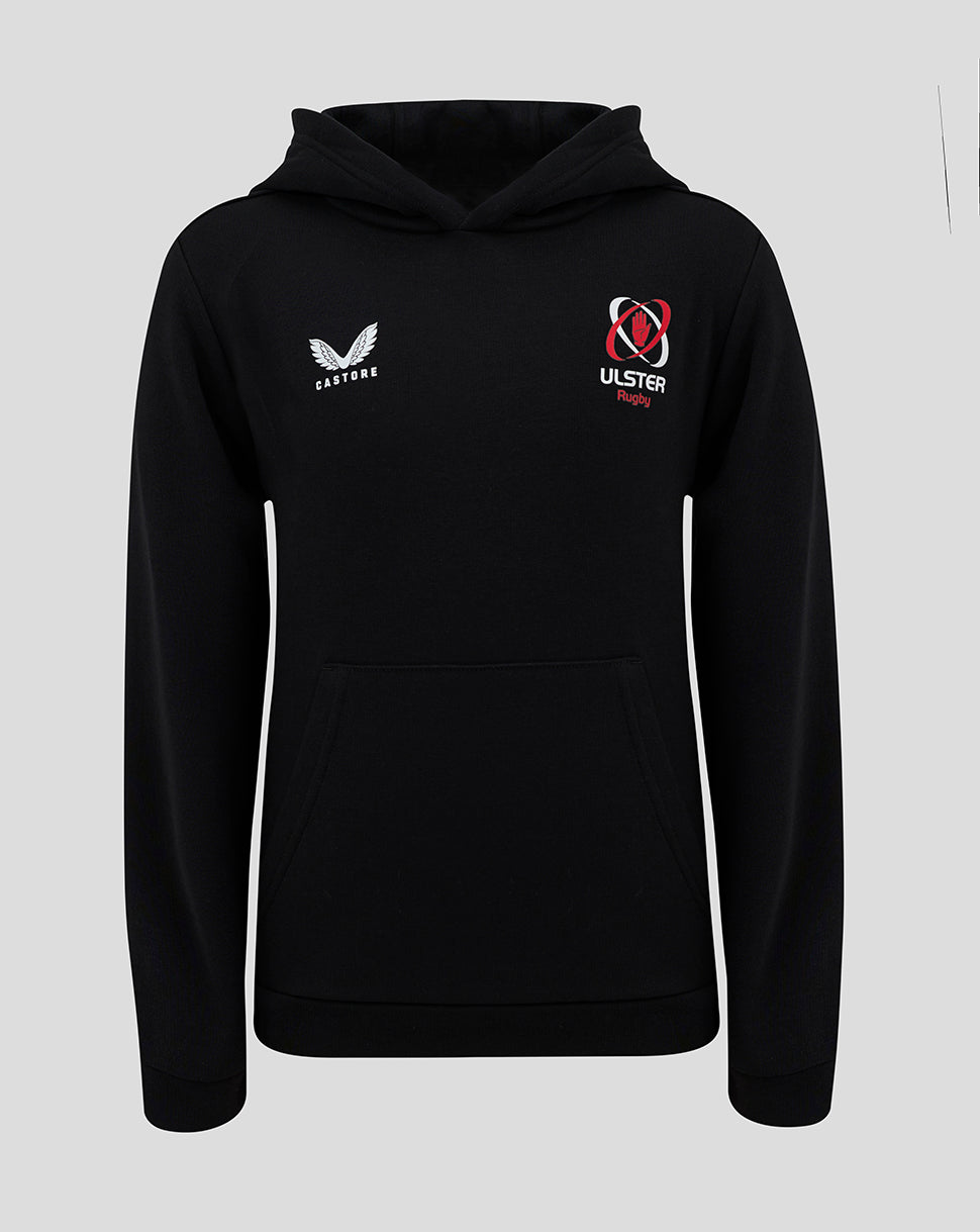 Front view of black ULSter Junior 24/25 Hoody in Caviar with Castore wing logo left chest and Ulster Rugby crest right