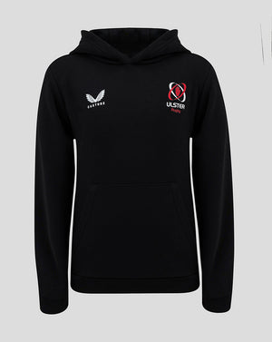 Front view of black ULSter Junior 24/25 Hoody in Caviar with Castore wing logo left chest and Ulster Rugby crest right