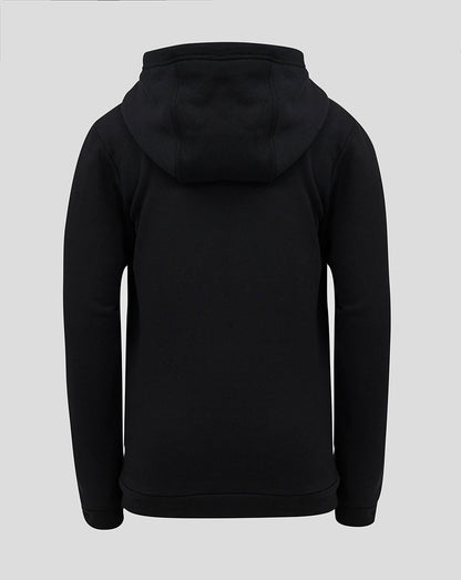 Back view of black Ulster Junior hoodie showing plain fabric and attached hood.
