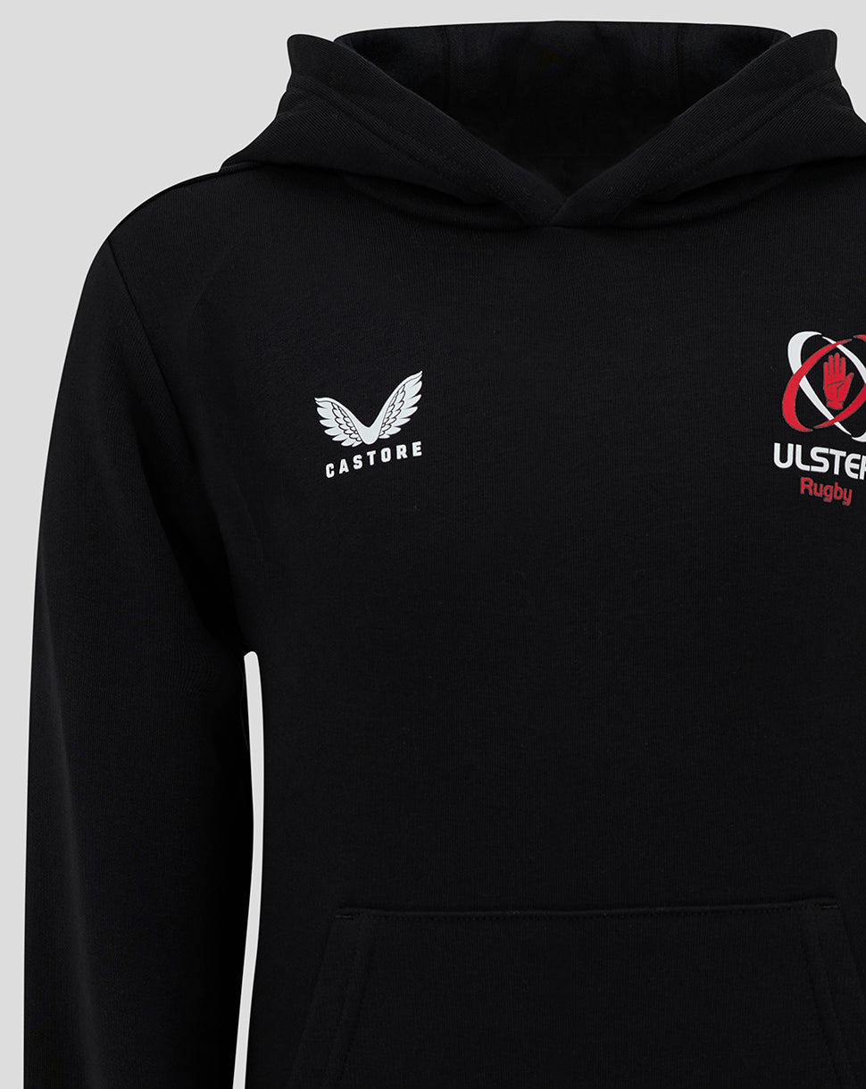 Black Ulster Junior hoodie with hood, Castore logo on left chest and Ulster Rugby crest on right chest.