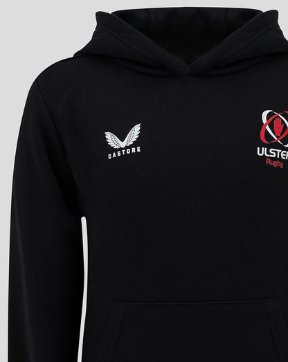Black Ulster Junior hoodie with hood, Castore logo on left chest and Ulster Rugby crest on right chest.