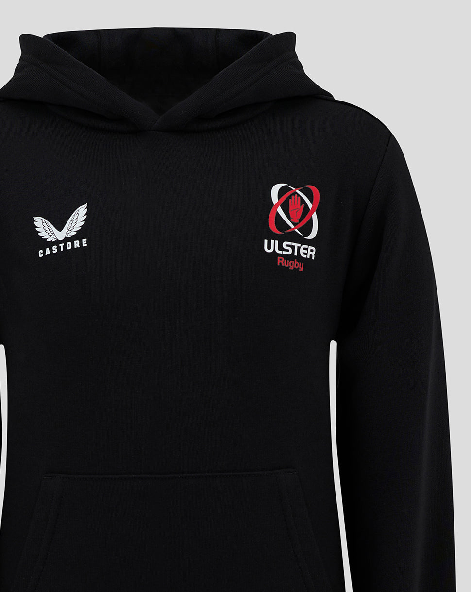Close up of black ULSter Junior 24/25 Hoody showing Castore logo on left chest and Ulster Rugby crest on right